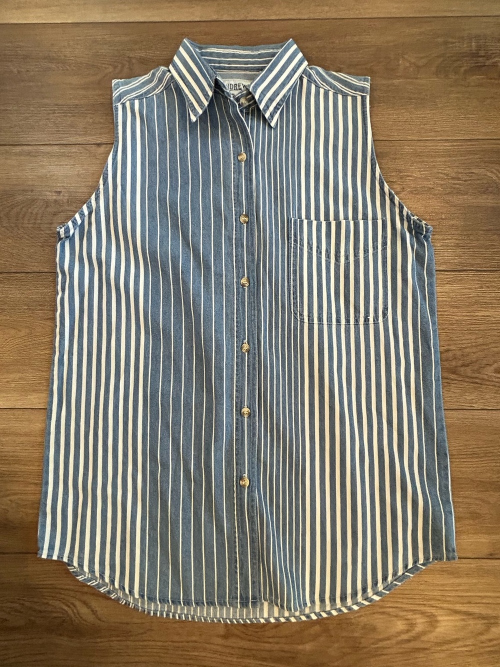Vintage Andrew’s Blues Blue White Striped Sleeveless Button Blouse M